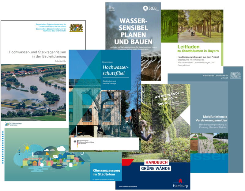 das Bild zeigt mehrere Broschüren zum Thema Schwammstadt wie die Hochwasserschutzfibel, das Handbuch grüne Wände, eine Veröffentlichung zum Thema Multifunktionale Versickerungsmulden und weitere Leitfäden